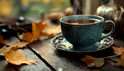 Steaming Cup of Autumn Tea on Rustic Wooden Table