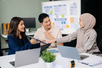 Business team discuss at meeting room. working together with laptop ,tablet and smart phone on desk Financial accountant at office