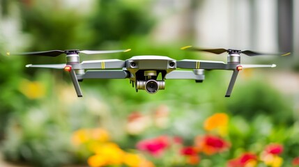 Drone flying above vibrant flowers in a garden, clear background.