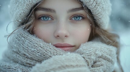 A young woman with blue eyes looks directly at the camera, her face framed by a knit hat and scarf. Snow falls around her, adding to the wintery feel of the image.