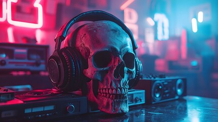 A skull with rugged, worn-out headphones resting on vintage cassette tapes, surrounded by old radios, set in a neon-lit retro 80s room, Cyberpunk, Neon, Illustration