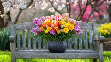 Poster - Spring Flowers in a Pot on a Wooden Bench