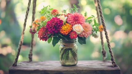 Poster - A Colorful Bouquet of Flowers in a Glass Jar on a Wooden Plank