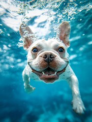 Wall Mural - a french bulldog swimming underwater in a pool