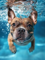 Wall Mural - a french bulldog swimming underwater in a pool