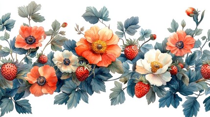 Canvas Print - A vibrant floral arrangement featuring strawberries and blossoms.