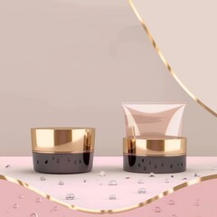 Two Gold-Accented Cosmetic Containers on a Pink and Grey Marble Surface