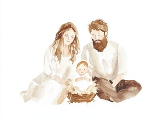 the holy family - josef, maria and baby jesus - watercolor painting on white background