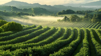 Canvas Print - Verdant Hillsides with Morning Mist and Wavy Rows of Trees