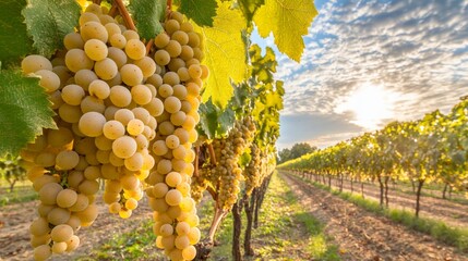 Poster - Close-up of Ripe White Grapes Hanging on Vine in a Vineyard