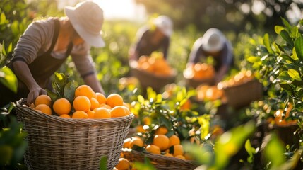 Sticker - A Farmer Harvesting Ripe Oranges in a Wicker Basket