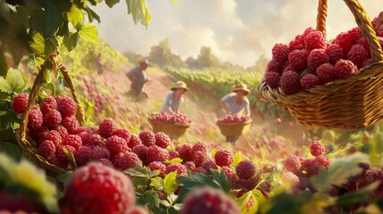 Poster - Raspberry Harvest with Farmers and a Wicker Basket