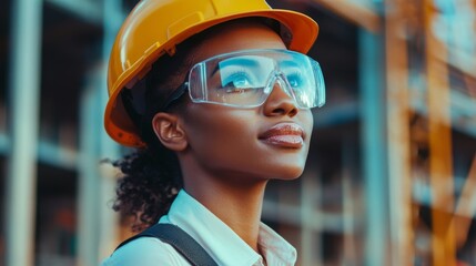 Close-up Portrait of a Woman Wearing a Yellow Hard Hat and Safety Glasses