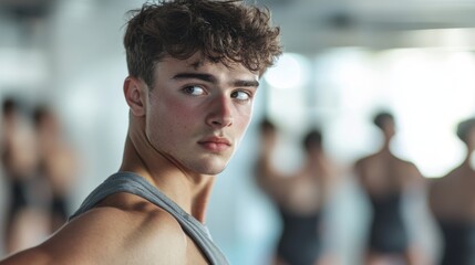 Canvas Print - Young man with curly hair and a gray tank top looking over his shoulder