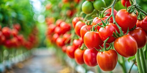 Extreme close-up of fresh ripe red tomatoes on vine in garden or greenhouse