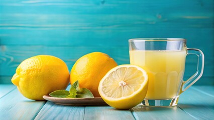 Extreme close-up of lemon juice and lemon on blue background, with yellow lemonade in a white cup for breakfast