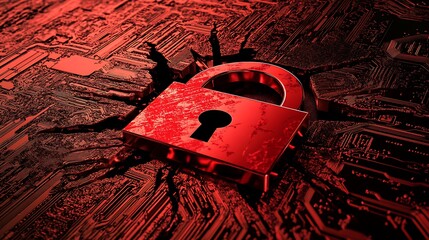 Poster - A red padlock sits in a crack in a circuit board, representing security breaches and cyberattacks.
