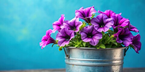 Wall Mural - Extreme close-up of purple petunias in small galvanized bucket against solid sky blue background