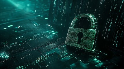 Poster - A digital lock made of green binary code sits on a circuit board, representing the concept of data security and cyber protection.