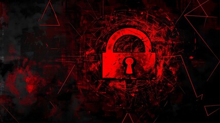 Poster - A red padlock with a keyhole sits in the center of a circular red, white, and black background with a digital, grunge aesthetic.