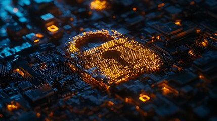 Poster - A glowing padlock symbol is embedded in a circuit board, representing digital security and data protection.