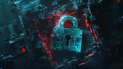 Poster - A glowing blue padlock sits inside a red square with a dark, futuristic, tech background.