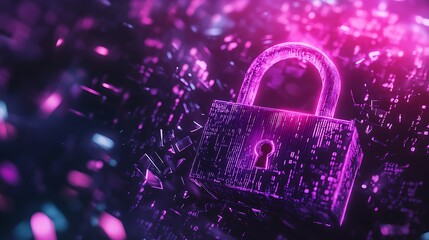 Poster - A glowing purple padlock with a circuit board design on a dark background with digital particles.