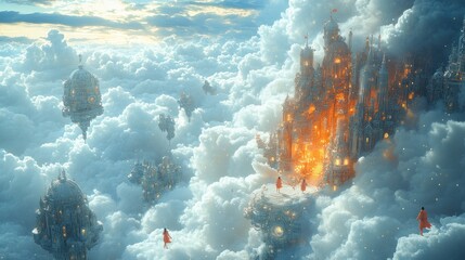 Wall Mural - A fantastical city amidst clouds, with ethereal figures exploring.