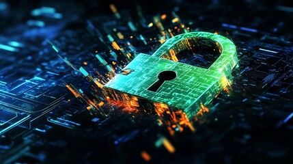 Poster - A glowing green padlock with a keyhole sits on a digital circuit board, signifying data security and protection.