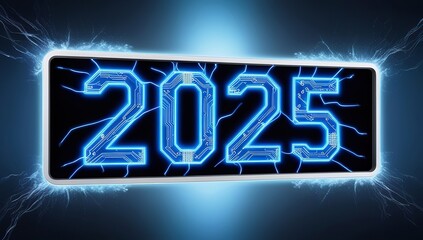 2025 number glowing numbers highlighted in neon circuits and sparks, displayed on a futuristic digital countdown screen. Made with generative AI technology