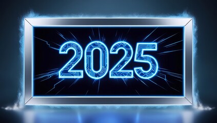 2025 number glowing numbers highlighted in neon circuits and sparks, displayed on a futuristic digital countdown screen. Made with generative AI technology