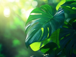 Wall Mural - 2408 6.A close-up of large, vibrant green philodendron leaves with intricate veins, bathed in soft, natural light. The rich texture of the leaves contrasts beautifully with the blurred forest