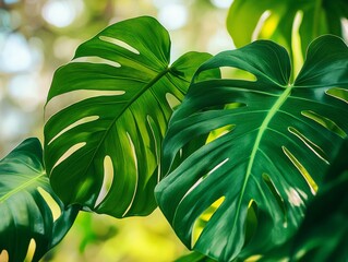 Wall Mural - 2408 6.A close-up of large, vibrant green philodendron leaves with intricate veins, bathed in soft, natural light. The rich texture of the leaves contrasts beautifully with the blurred forest