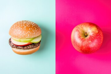 Choosing between healthy apple and unhealthy burger on a vibrant background