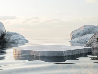 Sticker - 2408 21.A minimalist stone podium rises from the surface of calm, reflective water, with natural rocks surrounding it. The serene setting, with ripples in the water and soft light reflecting on the