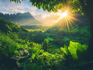 2408 36.A breathtaking view of a lush green landscape, with vibrant leaves in the foreground framing majestic mountains in the distance. The sun illuminates the scene, casting warm light over the