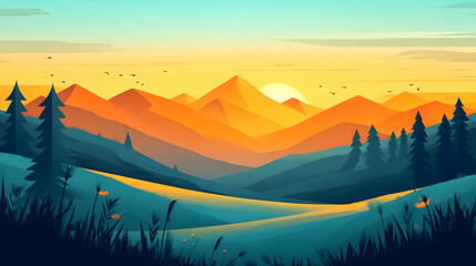 Sticker - Mountain Sunset with Golden Hills and Birds Flying