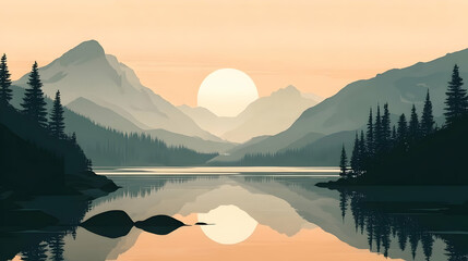 Poster - Tranquil Mountain Lake with Sunset Reflection