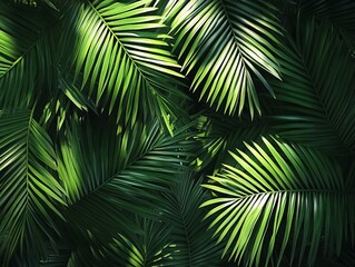 Wall Mural - 2408 86.A close-up view of deep green tropical palm leaves, casting soft shadows across each other. The rich texture of the leaves contrasts against the dark background, while rays of sunlight