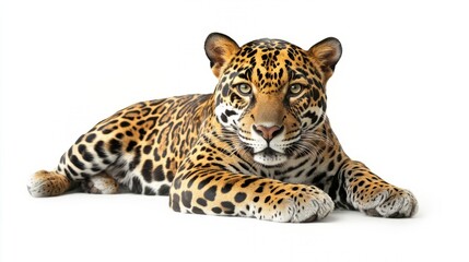 Powerful big cat predator with patterned fur and alert vigilant expression on white background