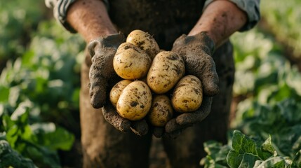 Poster - Close-up of Mud-Covered Hands Holding Freshly Harvested Potatoes