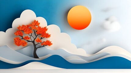 Poster - Elegant Layered Paper Cut Scenes for Stylish Home Decor Craft Design and Papercut Art  Handmade 3D Paper Backgrounds with Nature inspired Motifs and Gradients