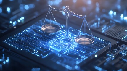 Poster - A silver scales of justice sits on a glowing blue circuit board, representing the concept of legal technology, digital law, or cyber justice.