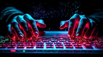 Poster - Close-up of hands typing on a backlit keyboard in a dark room with glowing particles in the background.
