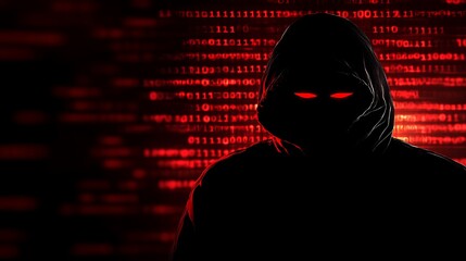 Poster - A hooded figure with glowing red eyes stands against a background of red binary code.