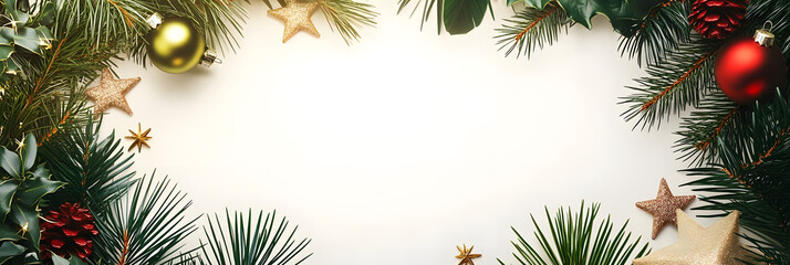 Poster - Wreath with ornaments, stars, and palm branches on white background, tropical greenery adds brightness and warmth to festive decor. Concept for exotic tropical decorations