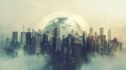 Abstract digital cityscape with a globe overlay, perfect for business presentations and futuristic concepts