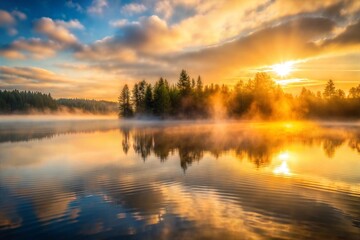 Poster - Stunning sunrise over misty lake with trees and reflections