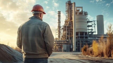 Wall Mural - A worker in a hard hat gazes at an industrial facility during sunset, embodying the intersection of labor and technology.