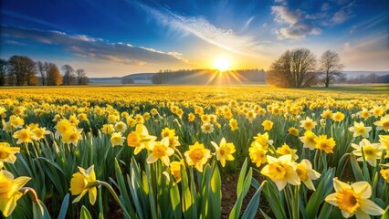 Field of daffodils on a sunny spring morning from a high angle